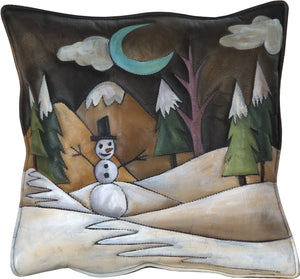 Leather Pillow –  Winter scene pillow with snowman and evening mountain landscape