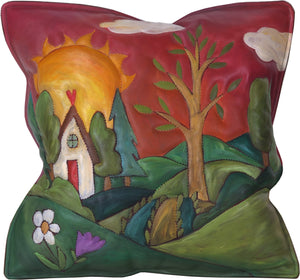 Leather Pillow –  Landscape pillow with rolling hills, sunrise, heart home and tree of life
