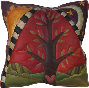 Leather Pillow –  Tree of life pillow with sun and moon motif