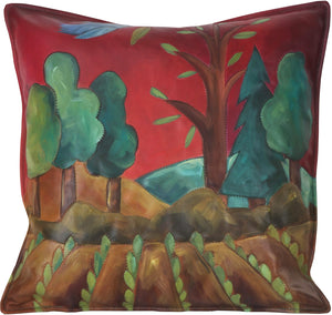 Leather Pillow –  Hand painted landscape pillow with growing crops and rich hues