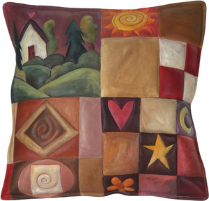 Leather Pillow –  Beautiful hand painted pillow with landscape and colorful block icons