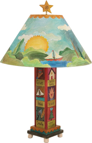 Box Table Lamp –  Contemporary table lamp with sun and moon theme, landscape painting and symbolic block icons