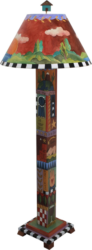 Box Floor Lamp –  Contemporary folk art floor lamp featuring a landscape painting and symbolic block icons