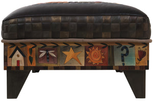 Ottoman with Drawer –  A crazy quilt motif painted in an elegant palette beautifully pops off the black leather top right side view