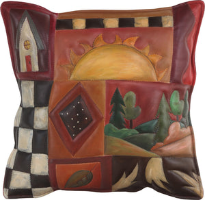 Leather Pillow –  Hand painted pillow with warm hues, landscape, block icons, and patterns