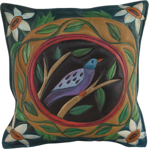 Leather Pillow –  Pillow with bird, vine and flower motifs