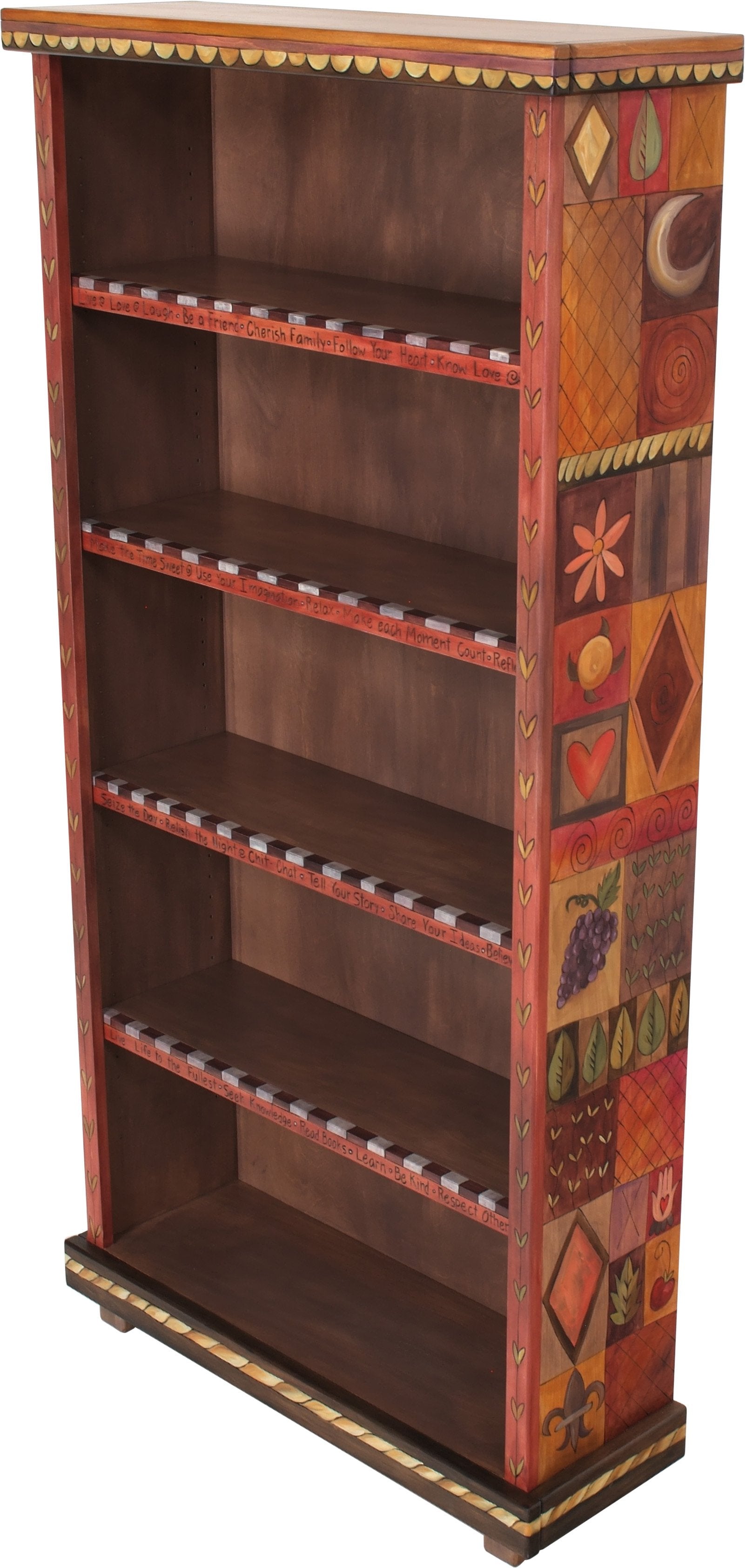 Tall Bookcase –  Elegant and warm tall bookcase with symbolic block icons along the sides