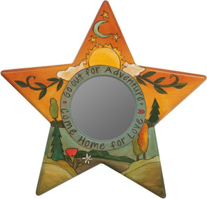 Star Shaped Mirror –  "Go Out for Adventure/Come Home for Love" star-shaped mirror with sun and moon over beautiful rolling hills motif