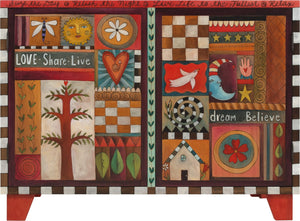 Media Buffet –  Rich folk art media cabinet with many colorful block icons and landscapes