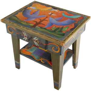 Nightstand with Open Shelf –  Vibrant and eclectic nightstand with birds, sun and moon, and tree of life