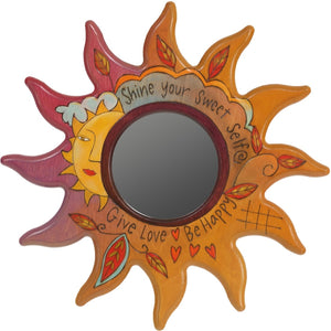 Sun Shaped Mirror –  "Shine your Sweet Self" sun-shaped mirror with smiley sun and leaf motif