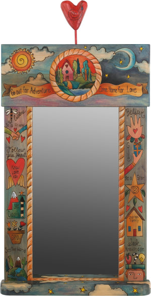 Large Mirror –  "Go our for Adventure/Come Home for Love" mirror with home on the horizon and sun and moon motif with blue/gray background