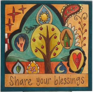 Sticks handmade wall plaque with "Share Your Blessings" quote and whimsical, colorful and modern folk art design