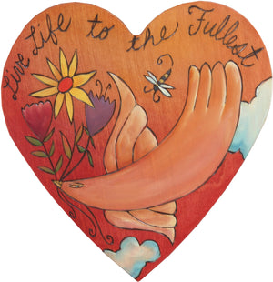 Heart Shaped Plaque –  "Live Life to the Fullest" heart shaped plaque with bird and flowers