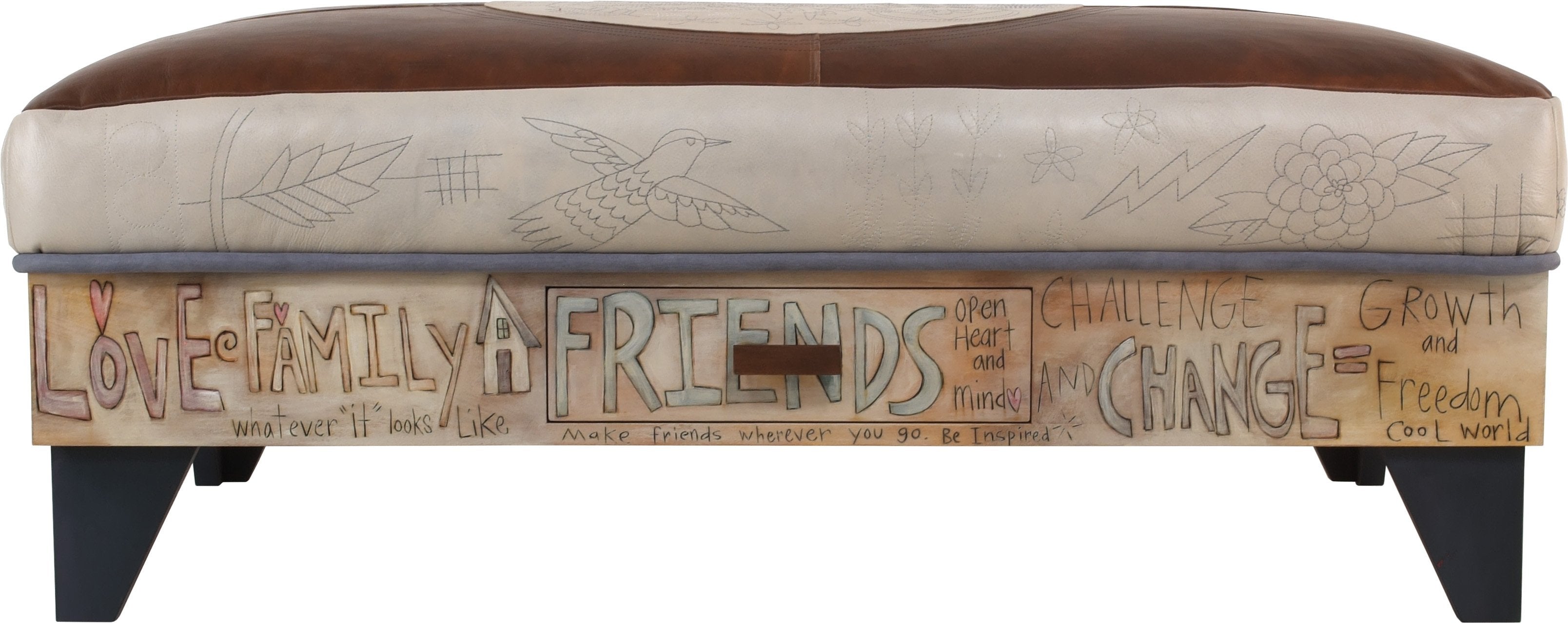 Ottoman with Drawer –  Hand stitched and painted leather ottoman with inspirational messages and storage drawer,