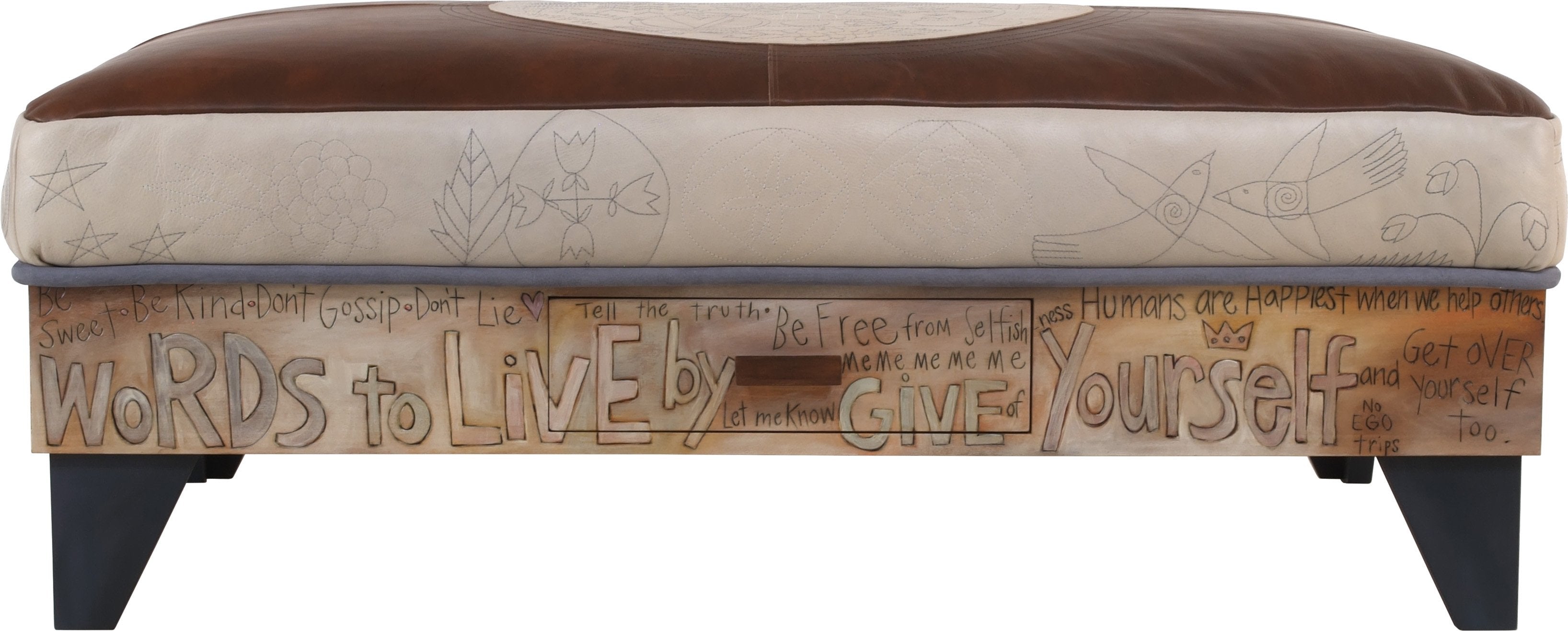 Ottoman with Drawer –  Hand stitched and painted leather ottoman with inspirational messages and storage drawer,