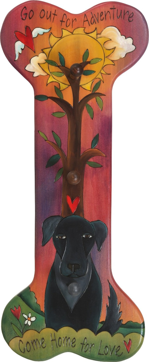Vertical Dog Leash Rack –  Dog bone shaped leash rack featuring a pup, tree of life and sun painting, "Come Home for Love"