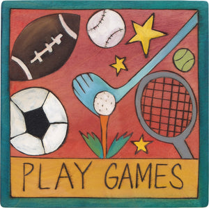 7"x7" Plaque –  "Play games" fun floating sports icon motif
