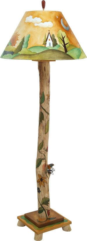 Log Floor Lamp –  Hand painted landscape lamp with vine motifs
