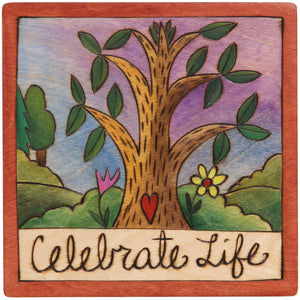 Sticks handmade wall plaque with "Celebrate Life" quote and tree of life imagery