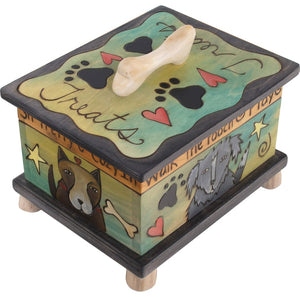 Pet Treat Box – Blue and green dog treat box with cute pups and floating icons
