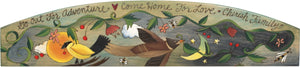 Door Topper –  "Go out for Adventure, Come Home for Love, Cherish Family" bird topper featuring many beautiful birds and a sun and moon motif