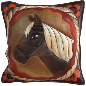 Leather Pillow –  Elegant and neutral horse pillow with rope border and floral motif