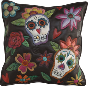 Leather Pillow –  Gorgeous sugar skulls pillow with floral motifs