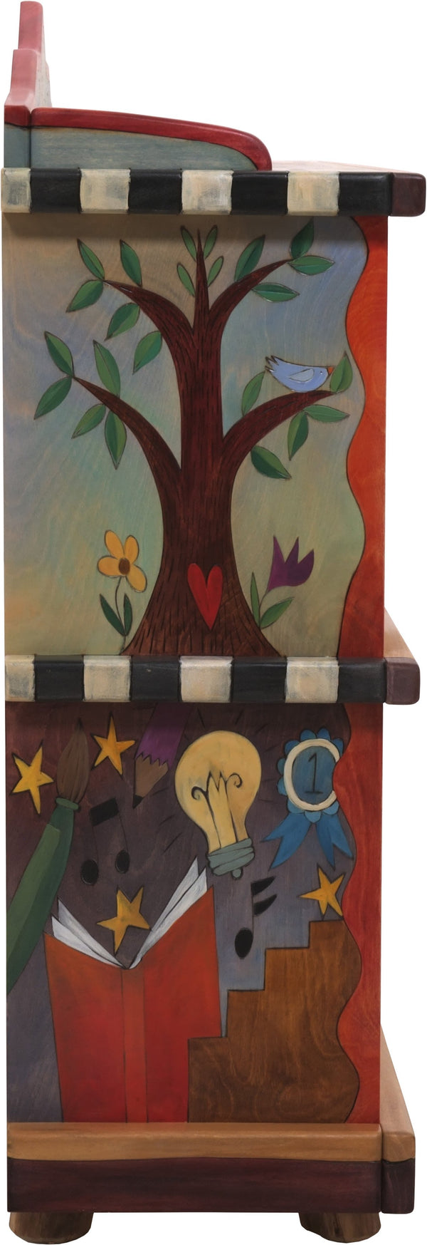 Short Bookcase –  "Live Life to the Fullest" bookcase with sun and moon over scenes of the changing four seasons motif