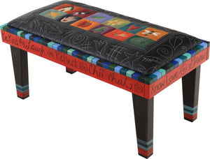 Sticks handmade 3' bench with leather and colorful block and chalkboard design