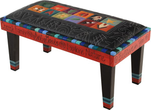 Sticks handmade 3' bench with leather and colorful block and chalkboard design. Side View