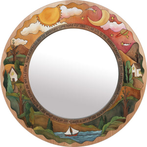 Large Circle Mirror –  "Live Life to the Fullest" circle mirror with sunset and moon over the horizon motif
