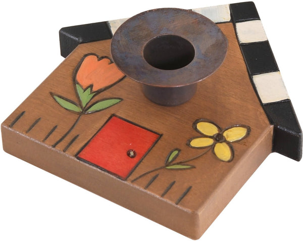 House-Shaped Candle Holder –  House-shaped candle holder with black and white checkered roof and flowers