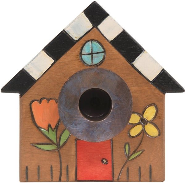 House-Shaped Candle Holder –  House-shaped candle holder with black and white checkered roof and flowers