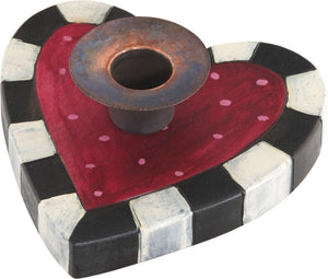 Heart-Shaped Candle Holder –  Heart-shaped candle holder with pink polka dots and black and white checkered border