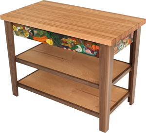 Kitchen Island –  Colorful and beautiful kitchen island with meal and drink motifs and two drawers for storage