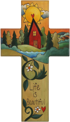 Cross Plaque –  Life is Beautiful cross plaque with home on the horizon with sun motif