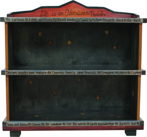Short Bookcase –  "Life is an Adventure/Partake" bookcase with warm sun setting over the changing four seasons motif