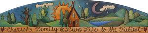 Door Topper –  "Cherish Family, Live Life to the Fullest," Sun and moon motif door topper with a landscape painting and heart home