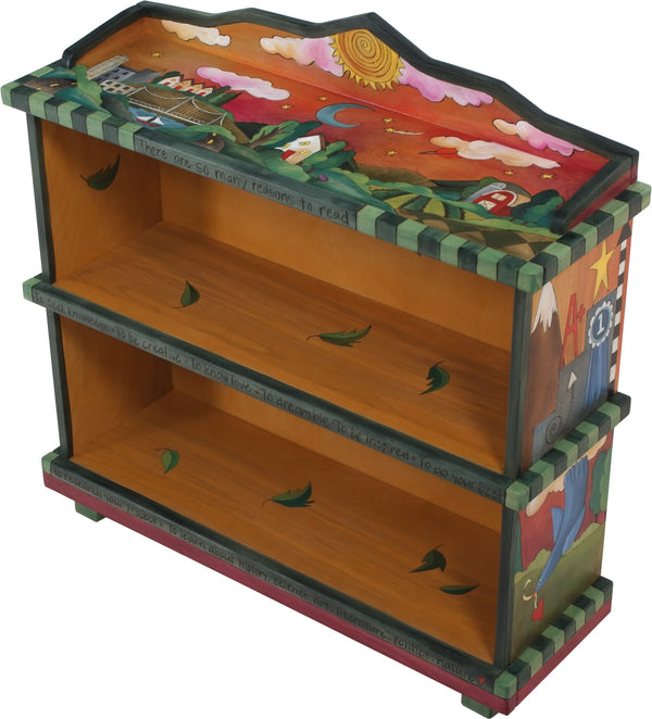Short Bookcase –  "To Learn about History, Science, Arts, Literature, Politics, Nature" bookcase with beautiful sunset over city and country landscape motif