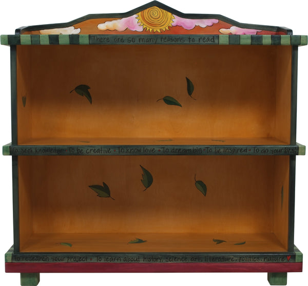 Short Bookcase –  "To Learn about History, Science, Arts, Literature, Politics, Nature" bookcase with beautiful sunset over city and country landscape motif