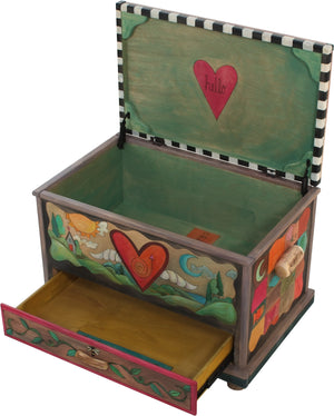 Chest with Drawer – Beautiful heart with wings floating in a landscape with a twisting vine on its lid and patchwork motifs on the sides front view with lid and drawer open