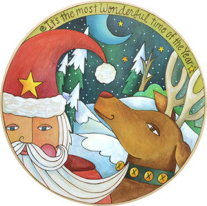 "Santa's on the Way!" Lazy Susan – Beautiful artisan printed holiday lazy susan with Santa and Rudolph, "It's the most Wonderful time of the Year" front view