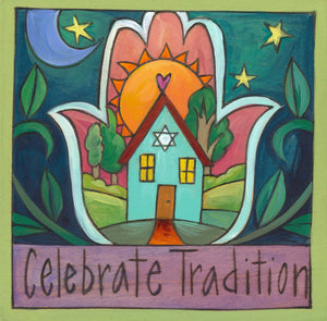 "Shalom Home" Plaque – "Celebrate tradition" Judaica plaque with a home landscape scene within a hand outline