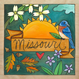 "Show Me" Plaque – Seasonal floral Missouri plaque motif with state bluebird on a banner front view