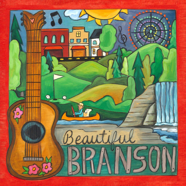 "Show Town" Plaque – "Beautiful Branson" landscape on the lake with an acoustic guitar motif front view