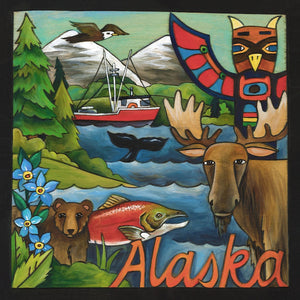 "The Last Frontier" Plaque – Richly painted Alaskan wildlife scene with a towering symbolic totem pole