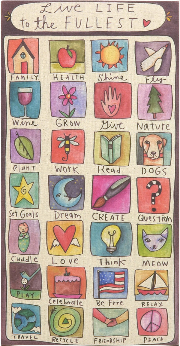 "The Keys to Life" Stretched Canvas Wall Art – Lovely artisan printed wall art with colorful and symbolic block icons, "Live Life to the Fullest" front view