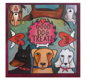 "Treat Time" Dog Treat Box – Dogs of all shapes and sizes are scattered around this box design top view