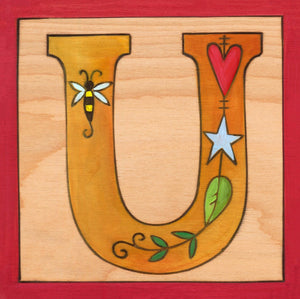 Sincerely, Sticks "U" Alphabet Letter Plaque option 1 with various little icons inside the letter